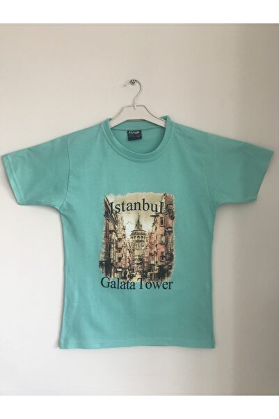Unisex Yeşil Galata Kulesi Baskılı Yeşil Istanbul T-shirt