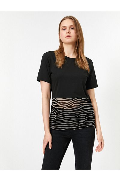 Koton Tricou de damă din bumbac cu mânecă scurtă, cu gât crew, cu model zebră