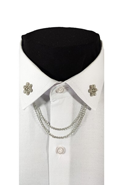 BLC Basic Line Co. Kar Tanesi Figürlü Gümüş Gri Renginde Metal Gömlek Yaka Iğ...