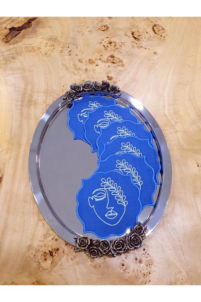Tanem Home Blue Face Pattern Set of 6 Coasters, Cocktails and Presentation Napkins New Year