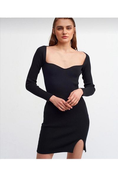 Dilvin 1063 Tricotaj cu cordon Rochie neagră