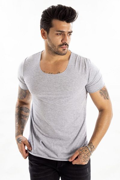 DeepSEA Γκρι μπλουζάκι με φαρδύ γιακά Lycra Οβάλ γιακά Slim Fit Φούστα Οβάλ μπλουζάκι με ανοιχτό γιακά 1801199