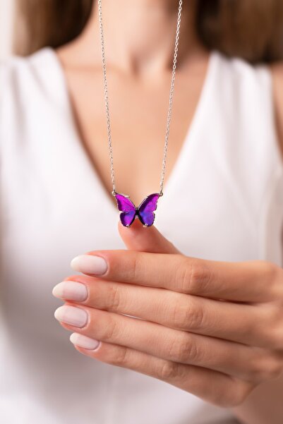 Violansia 925 Ayar Gümüş Mineli Mor Kelebek Kolye