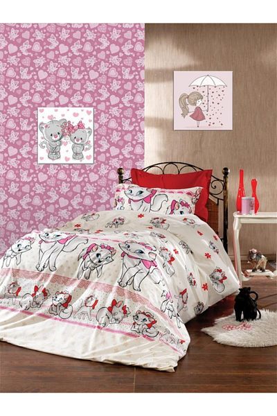 GASEL ÇARŞI Single Cat Patterned Elastic Sheet and Pillowcase Set