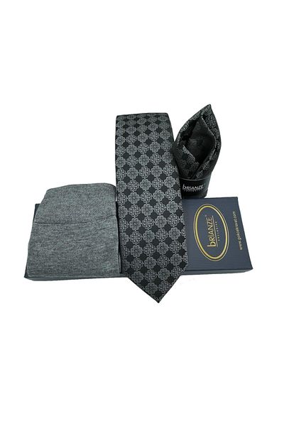 Brianze Gray Motif Pattern Tie Handkerchief Socks Gift Set