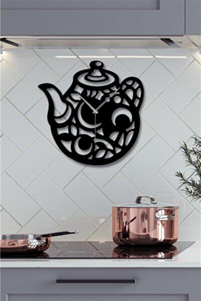 NT Handmade Siyah Ahşap Çaydanlık Işlemeli Duvar Saati - Mutfak Konsepti Cafe...