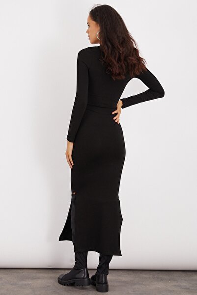 Cool & Sexy Kadın Siyah Çift Yırtmaçlı Midi Elbise B166-1