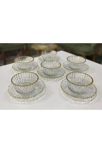PAPATYAMDEKOR ZÜCCACİYE 6 Person 12 Piece Gold Matte Gilt Cookie Compote Treat Breakfast Set