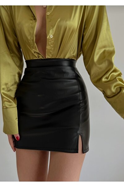 IŞILDA Spódnica mini ze skóry naturalnej z rozcięciem i detalami dla kobiet