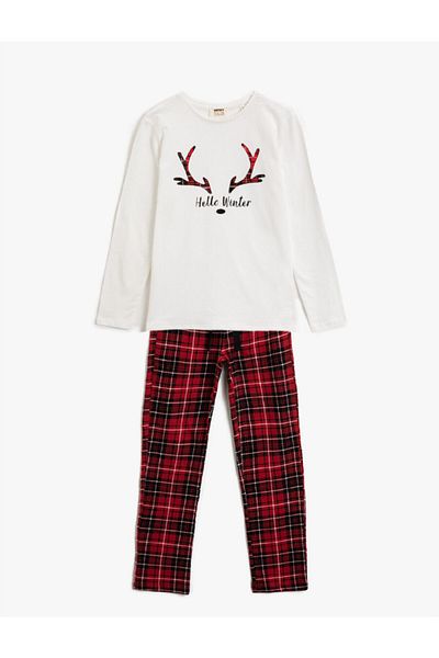 Koton Family Pajamas | Girl's Cotton Crew Neck Plaid Pajama Set