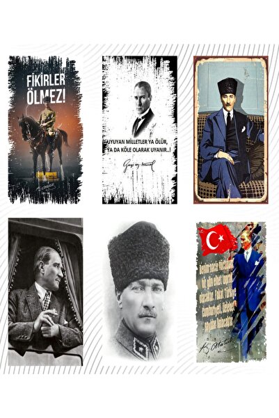 hediyeniburadabul Set de 6 postere de perete din lemn Ataturk - Seria special...