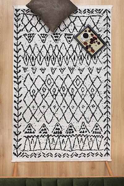 Mariesse Home Mistik Desenli Siyah Beyaz Çift Taraflı Pamuk Dokuma Kilim