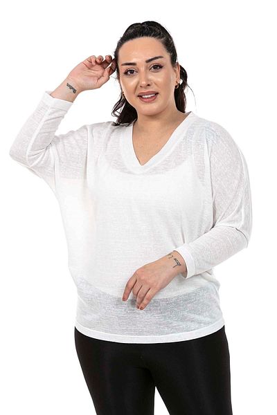 DISENTIS MODEST Plus Size V-Neck Bat Sleeve Flamed White Blouse