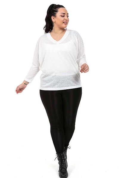 DISENTIS MODEST Plus Size V-Neck Bat Sleeve Flamed White Blouse