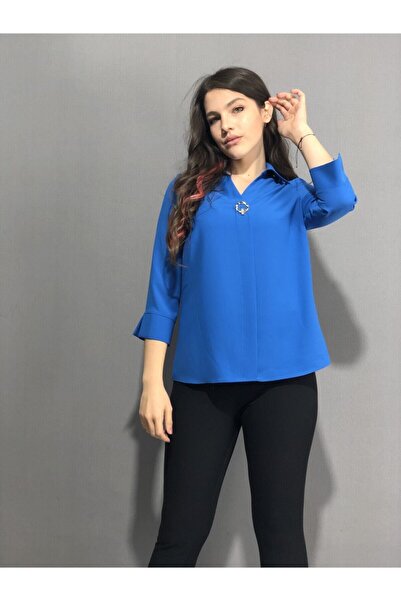 AYHAN Women's Blue Buckle Crepe Blouse