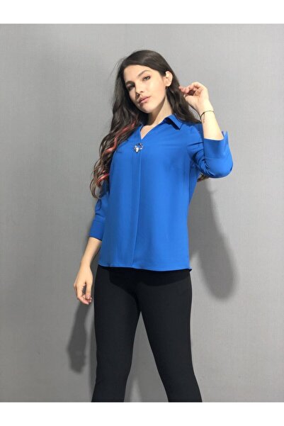 AYHAN Women's Blue Buckle Crepe Blouse