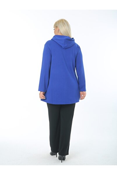 LİKRA Women's Blue Hooded Pocket Zippered Steel Interlock Cardigan