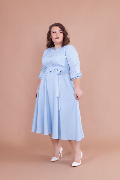 Bidoluelbise Women's Baby Blue Plus Size Midi Dress