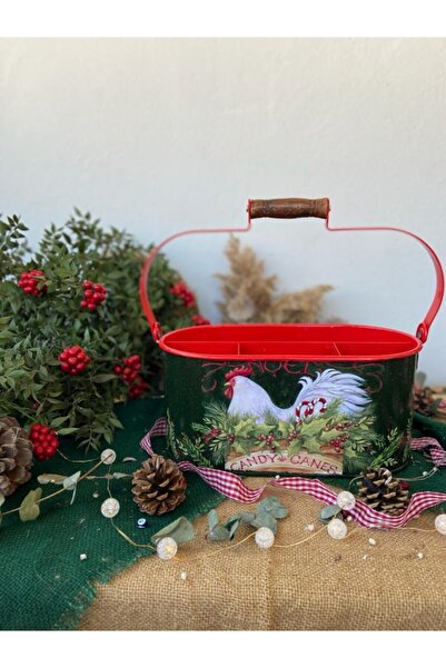Handmadesign Yılbaşı Temalı Tavuklu Galvaniz Çok Amaçlı Bölmeli Sepet & Kaşık...