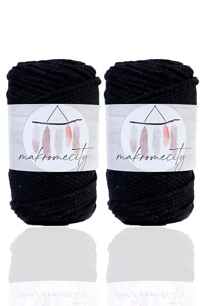 Makromecity Premium 3 Twist Cotton Macrame Thread 3mm Three Twist Taranan Macrame Rope 250 Gr Set of 2 Black