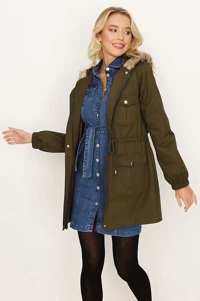 Select Moda Women's Khaki Fur Hooded Parka with Zipper and Snap Closure