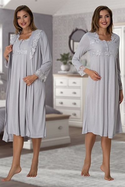 Effort Pijama Gray Lace Sleeve Maternity Dressing Gown Nightgown Set