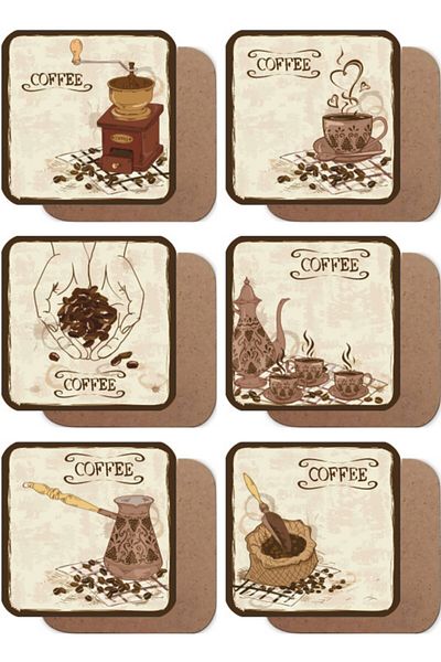 Hayat Poster Turkish Coffee and Coffee Bean Grinder Set of 6 Retro Wooden Coasters