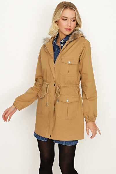 Select Moda Γυναικεία γούνα ανοιχτό καφέ με κουκούλα με φερμουάρ και κουμπωτό κλείσιμο Parka