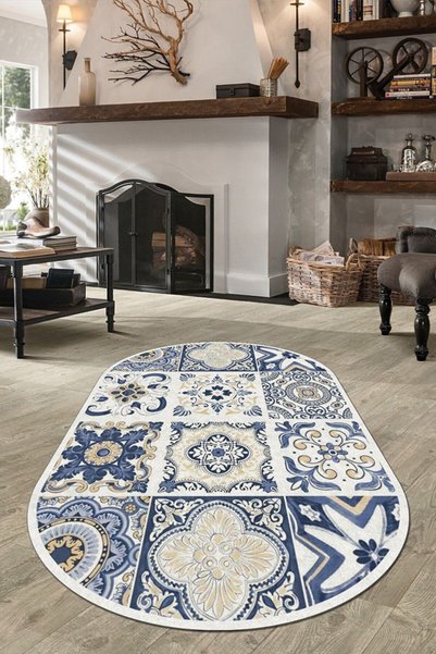 CAPPİO HALI Simetrik Kare Desenli Dijital Baskılı Oval Halı (makinada Yıkanab...