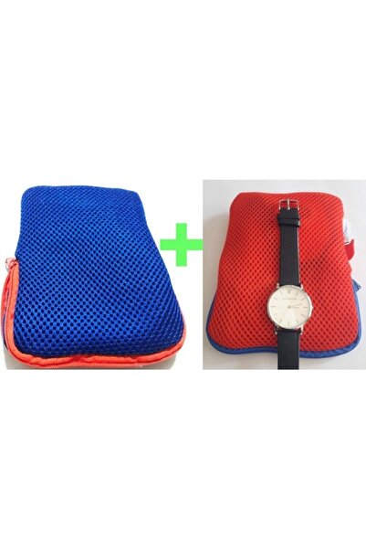 Modello طقم سفر مكون من قطعتين باللونين الأزرق والأحمر مع حقيبة مكياج وساعة يد بحبل جلدي