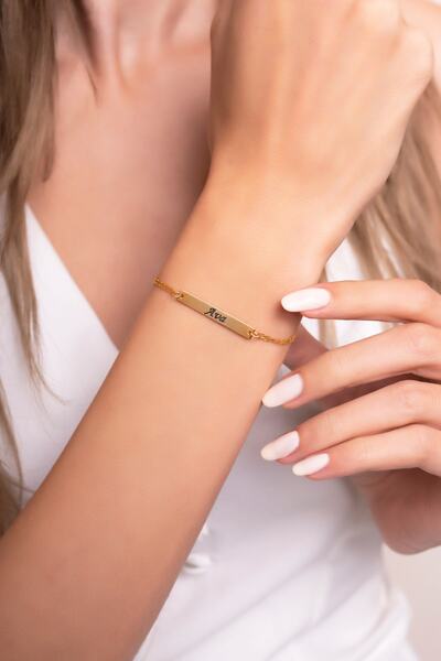 Violansia 925 Ayar Gümüş Altın Renkli Isimli Plaka Bileklik