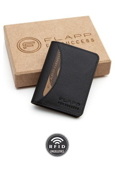 Flapp Genuine Leather Black Patterned RFID Protected Unisex Wallet Card Holder