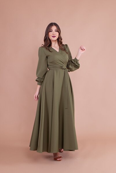 Bidoluelbise Women's Khaki Double Breasted Collar Belted Maxi Length Dress