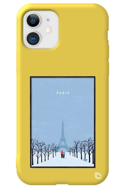 WANNA PROTECT iPhone 11 Yellow Color Paris Poster with Velvet Pattern Silicon...