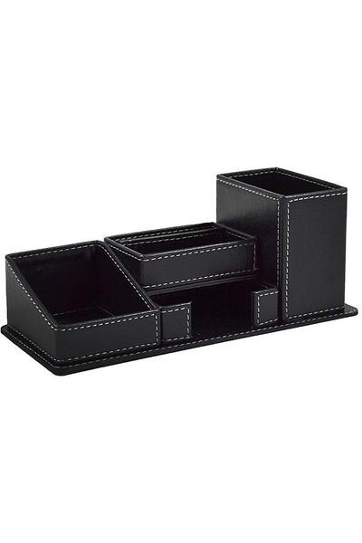 Mimaks Black Faux Leather Table Top Pen Holder Set 4 Compartments Dk-141