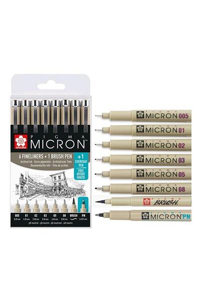 Sakura Pıgma Micron Technical Drawing Pen Set 6 Fineliner + 1 Brus