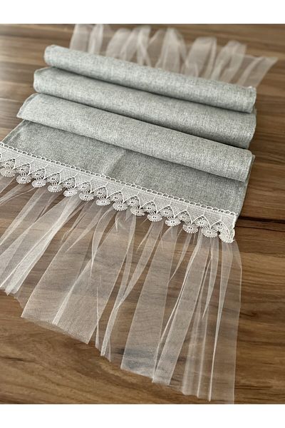 FUS BLUE Gray Fabric Tulle Detailed Runner