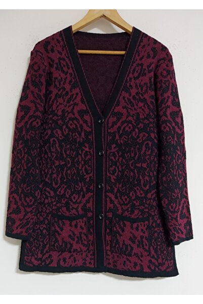 SİNAY TRİKO Women's Leopard Patterned Mother's Knitwear Cardigan with Pockets