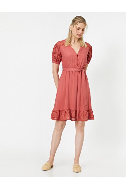 Koton Γυναικείο Ροζ Φόρεμα με V λαιμόκοψη