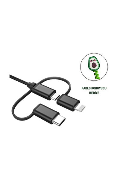 Awetron Apple Mfi Lisanslı Lightning + Type-C + Micro Usb 3'lü Hasır İp Kablo 1,5metre