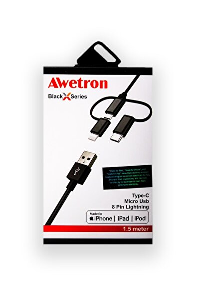 Awetron Apple Mfi Lisanslı Lightning + Type-C + Micro Usb 3'lü Hasır İp Kablo 1,5metre