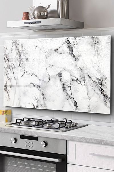 Olinpa 76X50 cm Marble Patterned Glass Protective Countertop - Built-In Stove Back