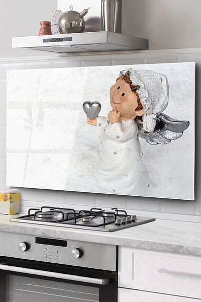 Olinpa Stove Back Glass Protector Countertop Built-in Back Protector 60x52 Cm| Heart And Angel Patterned