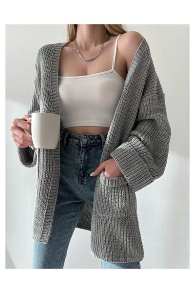 Nazende Stil Lose Strick-Cardigan für Damen mit gefalteten Ärmeln und Taschen