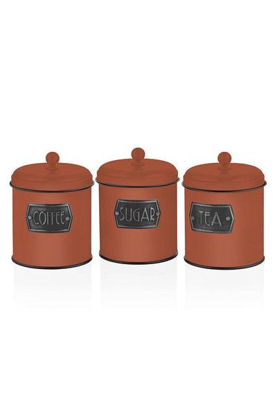 The Mia 3 Piece Metal Jar - Tea Sugar Coffee Storage Jar -Brick Color