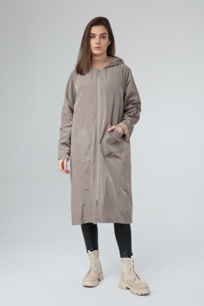 Veger Içi Kürklü Uzun Trençkot Yağmurluk