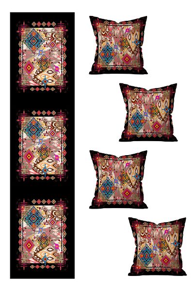SWEET HOME ARTS 5 Piece Special Design Double Sided Printed Throw Pillow Cover and Runner Set