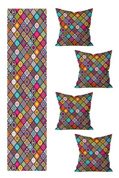 LadiesHome 5 Piece Special Design Double Sided Printed Throw Pillow Cover and Runner Set