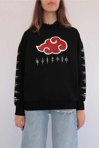 AlpCollection Hanorac din bumbac cu glugă neagră Naruto Anime Akatsuki Uchiha
