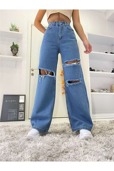 Trn JNS Solmaz Blue Lycra Pantaloni palazzo cu talie super înaltă, blugi largi (super înalți) cu picioare late